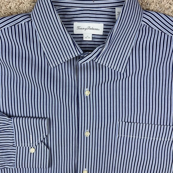 Tommy Bahama Men 17 32/33 Button Up Striped Blue White Dress Shirt w Pocket - Picture 1 of 8
